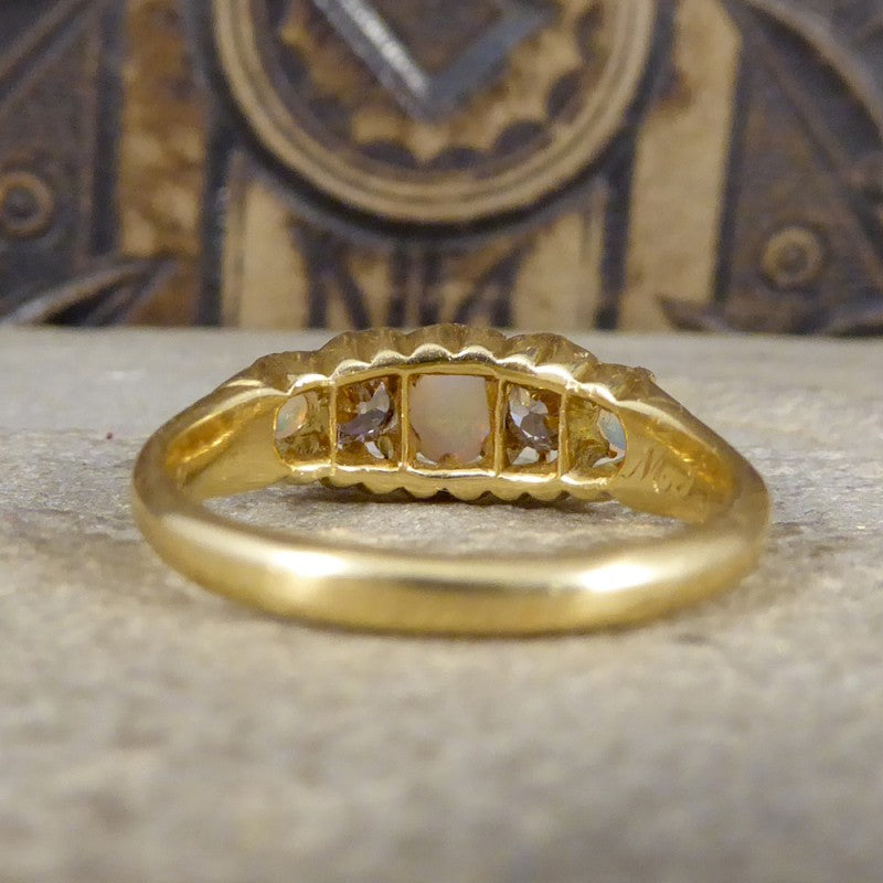 Antique Edwardian Opal and Round Cut Diamond Five Stone Ring