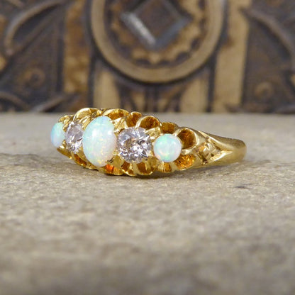Antique Edwardian Opal and Round Cut Diamond Five Stone Ring