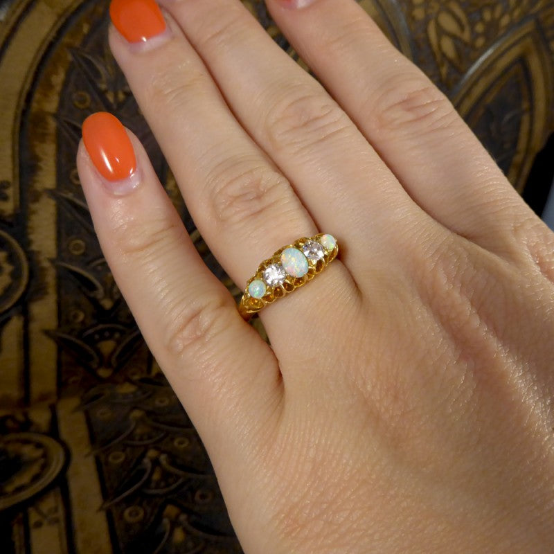 Antique Edwardian Opal and Round Cut Diamond Five Stone Ring