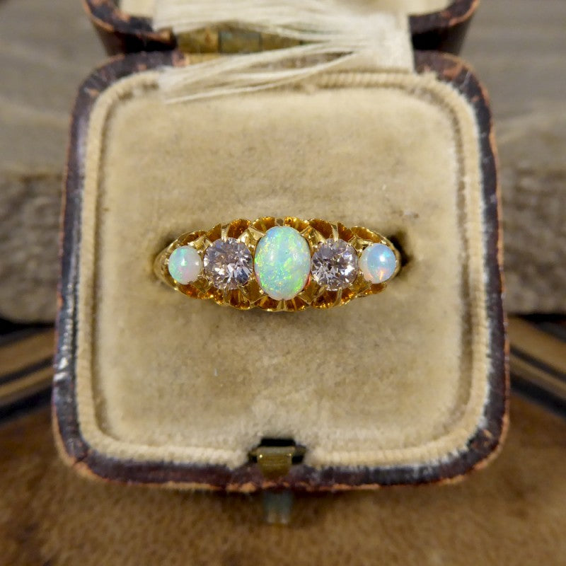 Antique Edwardian Opal and Round Cut Diamond Five Stone Ring