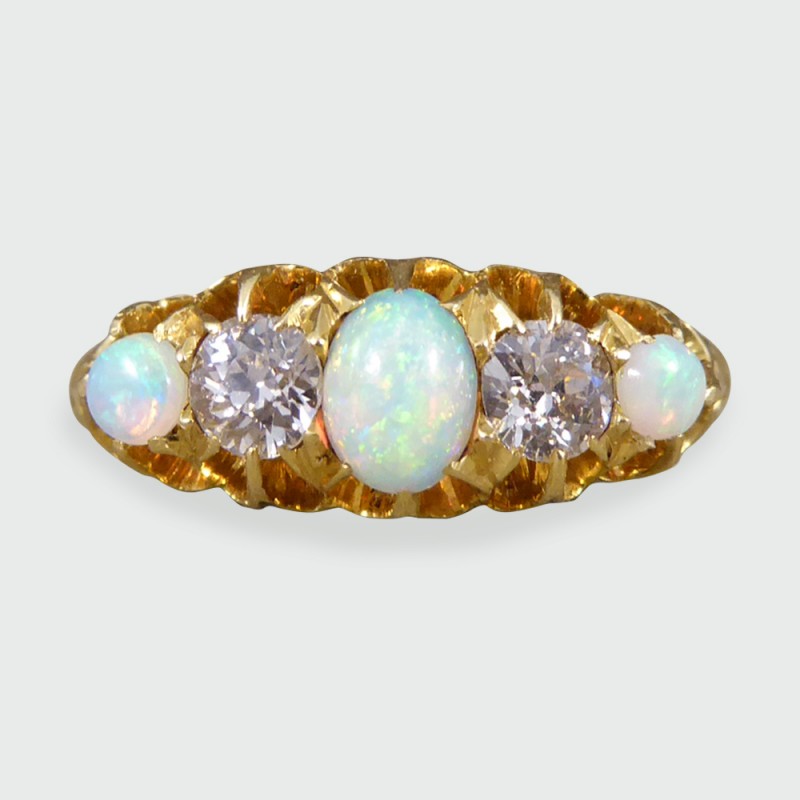 Antique Edwardian Opal and Round Cut Diamond Five Stone Ring
