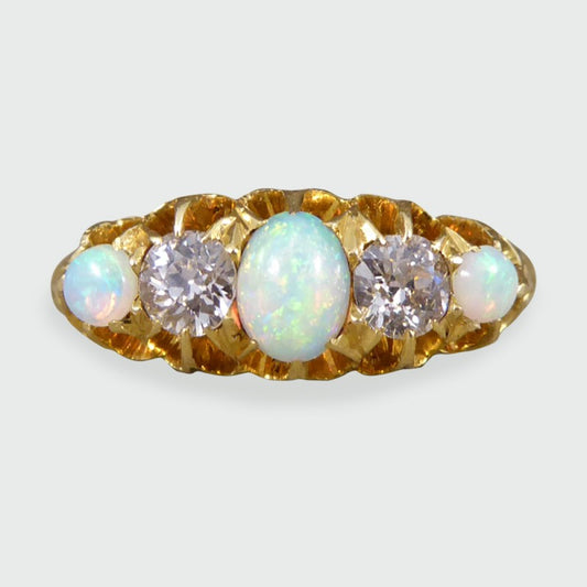 Antique Edwardian Opal and Round Cut Diamond Five Stone Ring