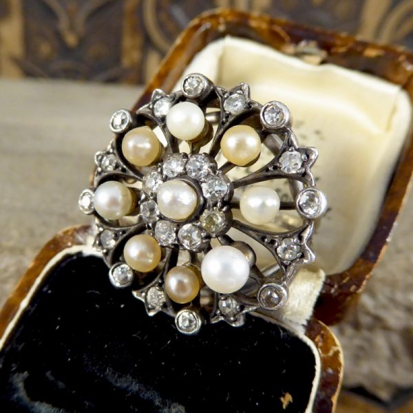 Antique Victorian Old Cut Diamond and Pearl Statement Ring