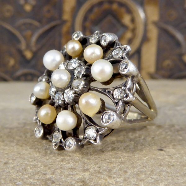 Antique Victorian Old Cut Diamond and Pearl Statement Ring