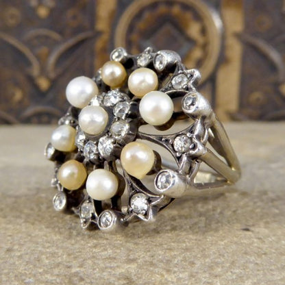Antique Victorian Old Cut Diamond and Pearl Statement Ring