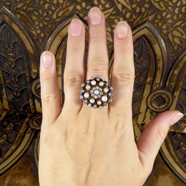 Antique Victorian Old Cut Diamond and Pearl Statement Ring