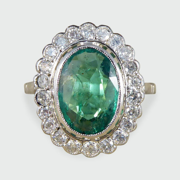 1.45ct Oval Cut Emerald and Diamond Cluster Ring