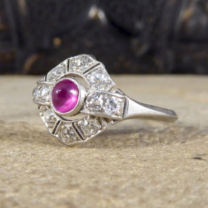 Antique Art Deco 0.25ct Cabochon Ruby and Diamond Ring