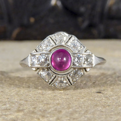 Antique Art Deco 0.25ct Cabochon Ruby and Diamond Ring