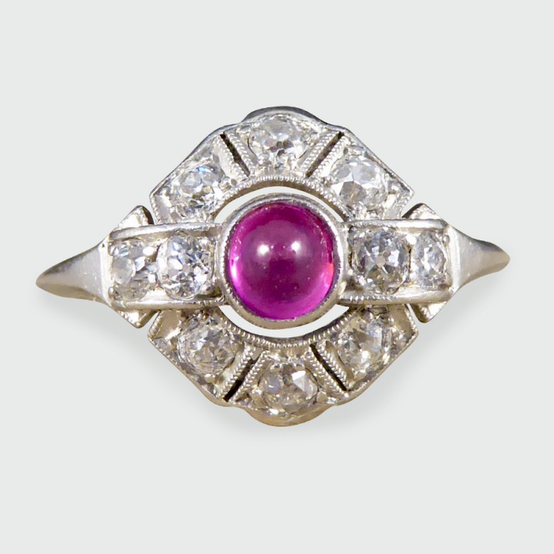 Antique Art Deco 0.25ct Cabochon Ruby and Diamond Ring