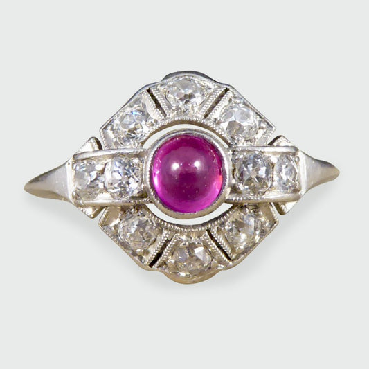 Antique Art Deco 0.25ct Cabochon Ruby and Diamond Ring