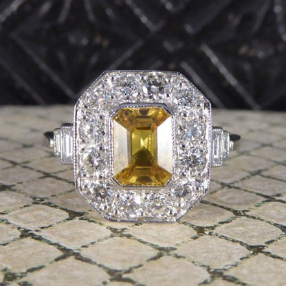 1.70ct Emerald Cut Yellow Sapphire and Diamond Cluster Ring, Platinum