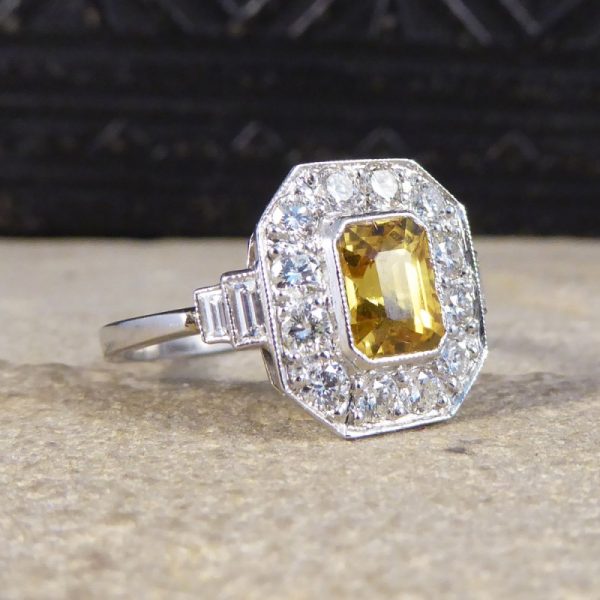 1.70ct Emerald Cut Yellow Sapphire and Diamond Cluster Ring, Platinum