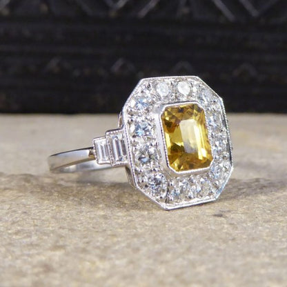 1.70ct Emerald Cut Yellow Sapphire and Diamond Cluster Ring, Platinum