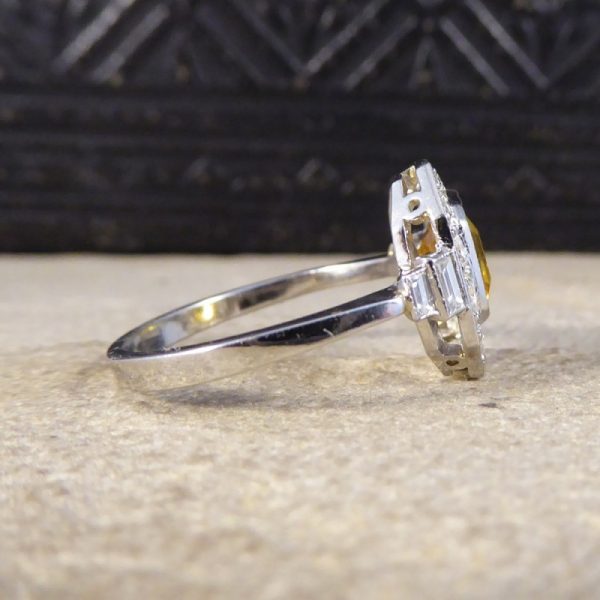 1.70ct Emerald Cut Yellow Sapphire and Diamond Cluster Ring, Platinum