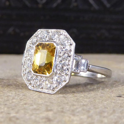 1.70ct Emerald Cut Yellow Sapphire and Diamond Cluster Ring, Platinum