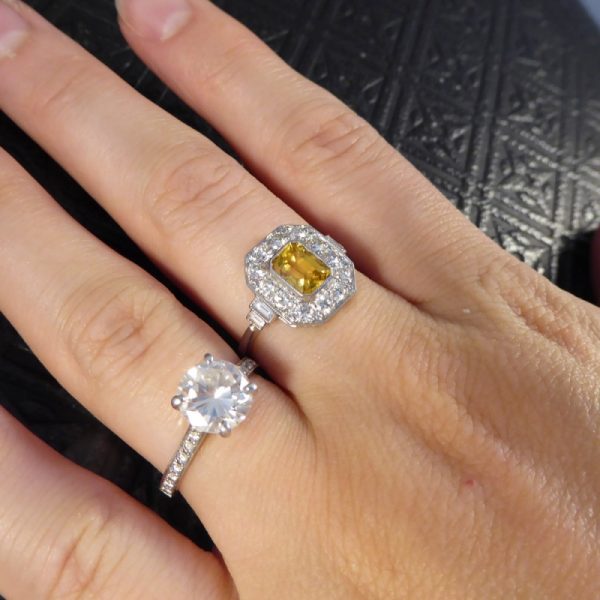 1.70ct Emerald Cut Yellow Sapphire and Diamond Cluster Ring, Platinum