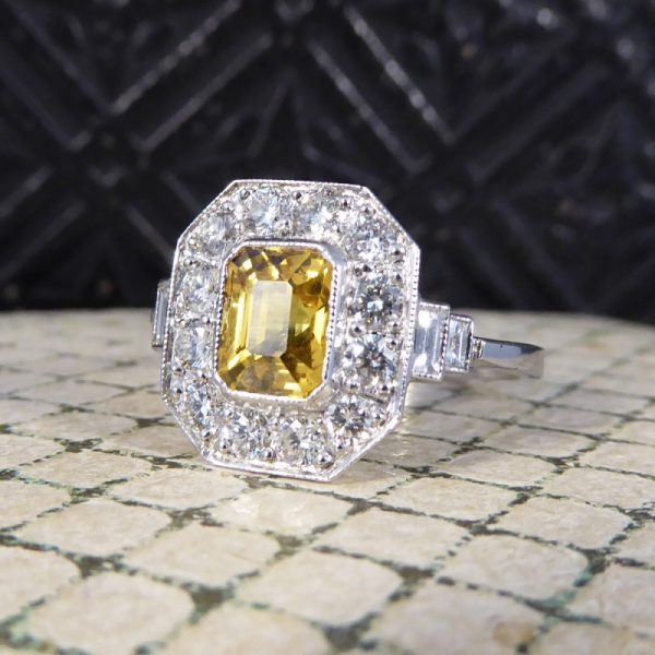 1.70ct Emerald Cut Yellow Sapphire and Diamond Cluster Ring, Platinum