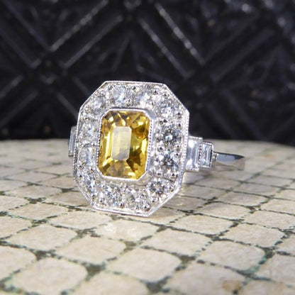 1.70ct Emerald Cut Yellow Sapphire and Diamond Cluster Ring, Platinum