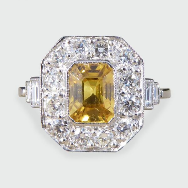 1.70ct Emerald Cut Yellow Sapphire and Diamond Cluster Ring, Platinum