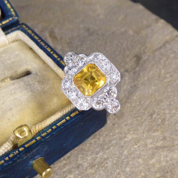 1.50ct Yellow Sapphire and Diamond Cluster Ring, Platinum