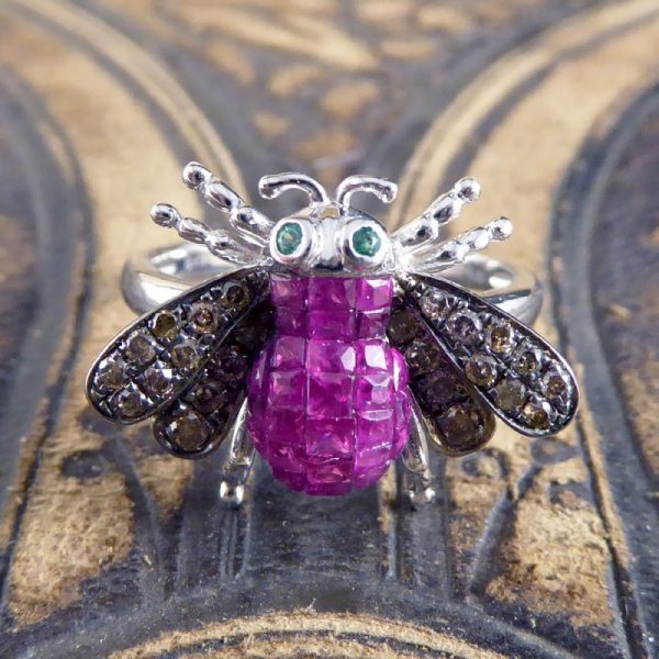 Calibre Cut Ruby, Diamond and Emerald Set Bee Ring in 18ct White Gold
