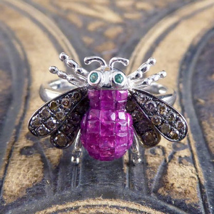 Calibre Cut Ruby, Diamond and Emerald Set Bee Ring in 18ct White Gold