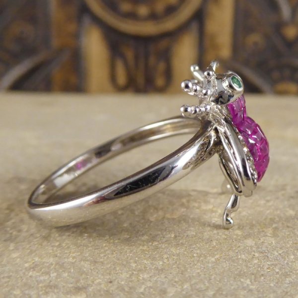 Calibre Cut Ruby, Diamond and Emerald Set Bee Ring in 18ct White Gold