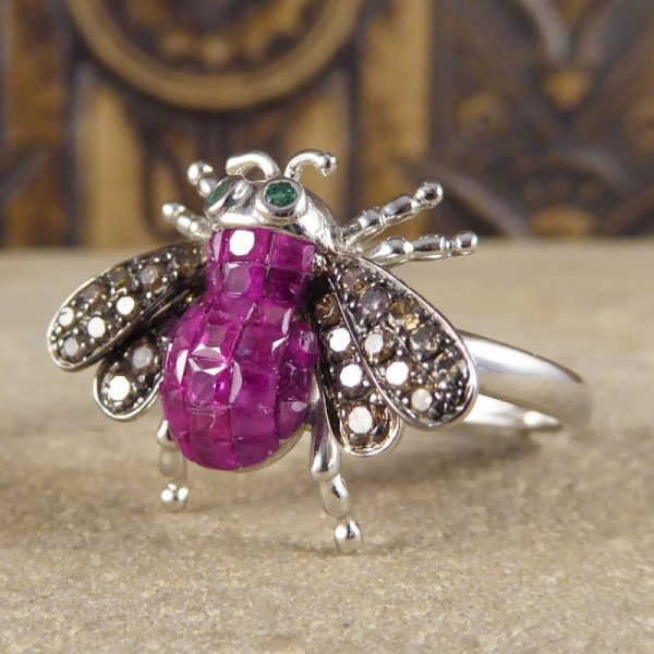 Calibre Cut Ruby, Diamond and Emerald Set Bee Ring in 18ct White Gold