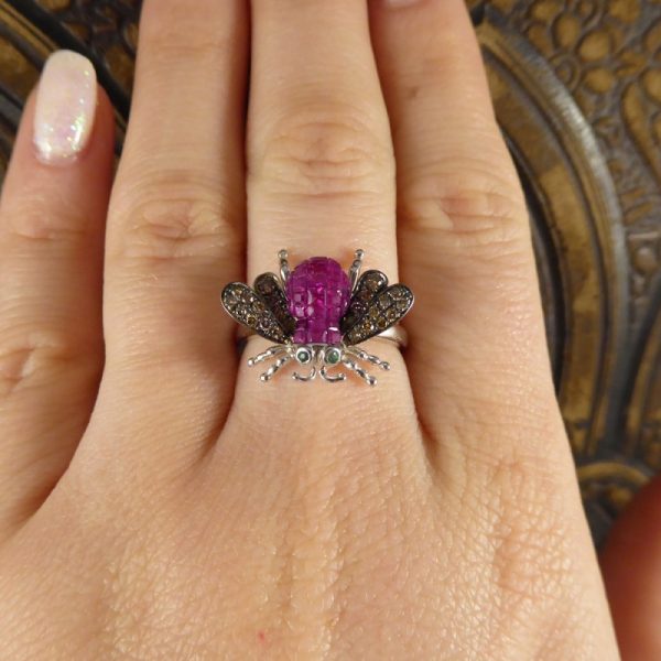 Calibre Cut Ruby, Diamond and Emerald Set Bee Ring in 18ct White Gold