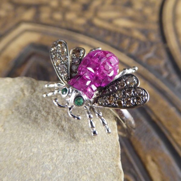 Calibre Cut Ruby, Diamond and Emerald Set Bee Ring in 18ct White Gold