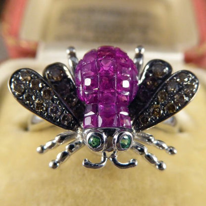 Calibre Cut Ruby, Diamond and Emerald Set Bee Ring in 18ct White Gold