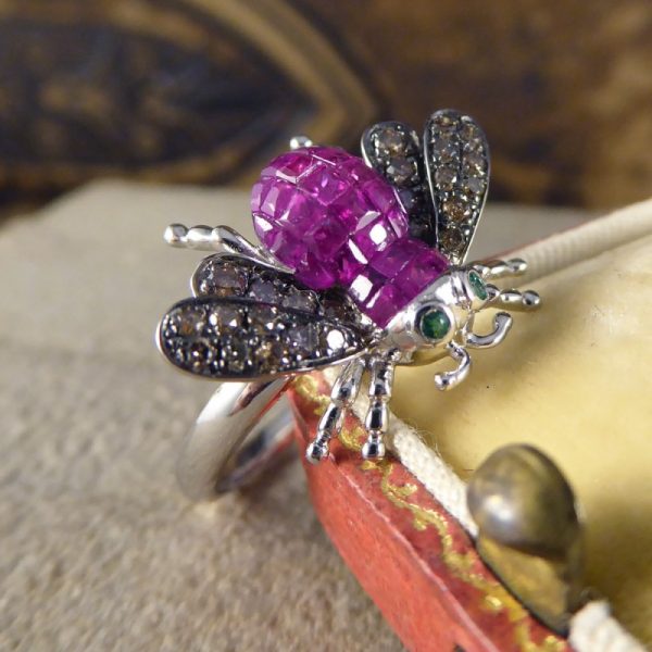 Calibre Cut Ruby, Diamond and Emerald Set Bee Ring in 18ct White Gold