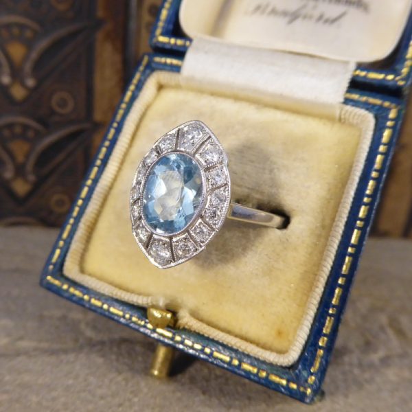 Art Deco Style 1.30ct Aquamarine and Diamond Marquise Shaped Cluster Ring