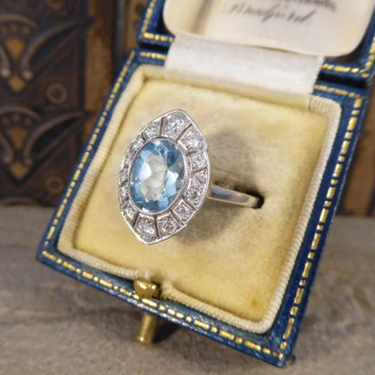 Art Deco Style 1.30ct Aquamarine and Diamond Marquise Shaped Cluster Ring