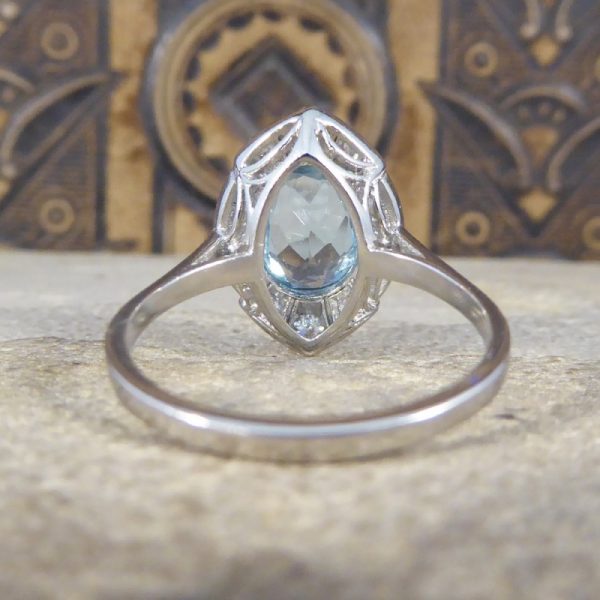 Art Deco Style 1.30ct Aquamarine and Diamond Marquise Shaped Cluster Ring