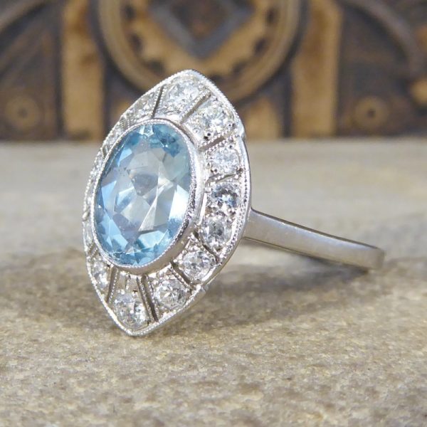Art Deco Style 1.30ct Aquamarine and Diamond Marquise Shaped Cluster Ring