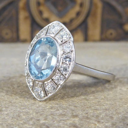 Art Deco Style 1.30ct Aquamarine and Diamond Marquise Shaped Cluster Ring