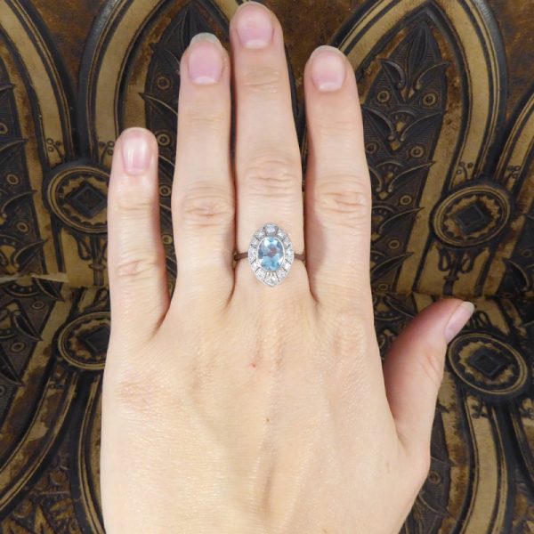 Art Deco Style 1.30ct Aquamarine and Diamond Marquise Shaped Cluster Ring