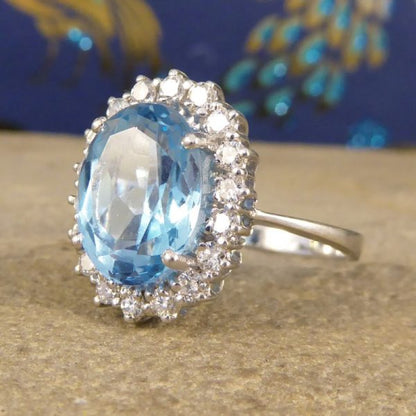 3.60ct Blue Topaz and Diamond Cluster Ring in 18ct White Gold