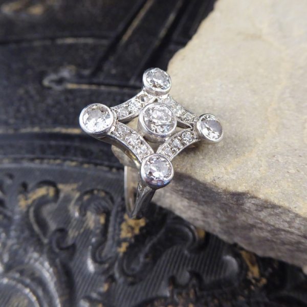 Antique Edwardian Diamond Set Geometric Kite Shape Ring, Platinum
