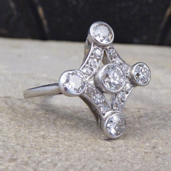 Antique Edwardian Diamond Set Geometric Kite Shape Ring, Platinum