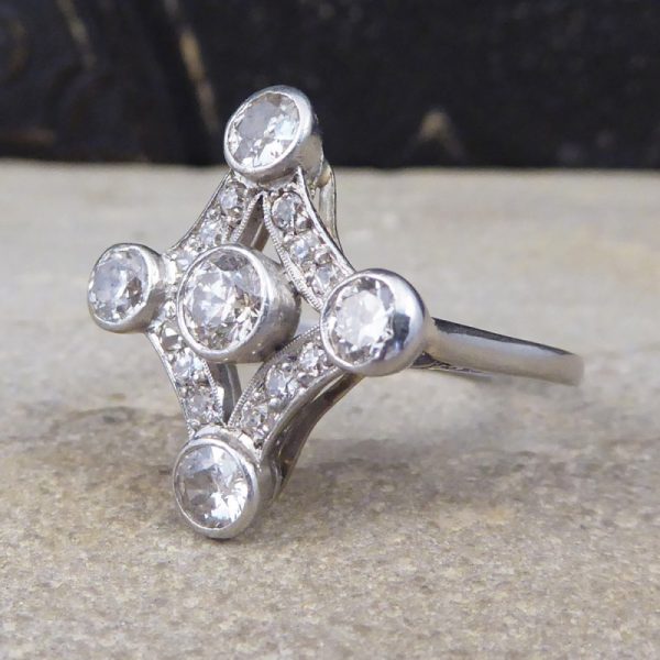 Antique Edwardian Diamond Set Geometric Kite Shape Ring, Platinum