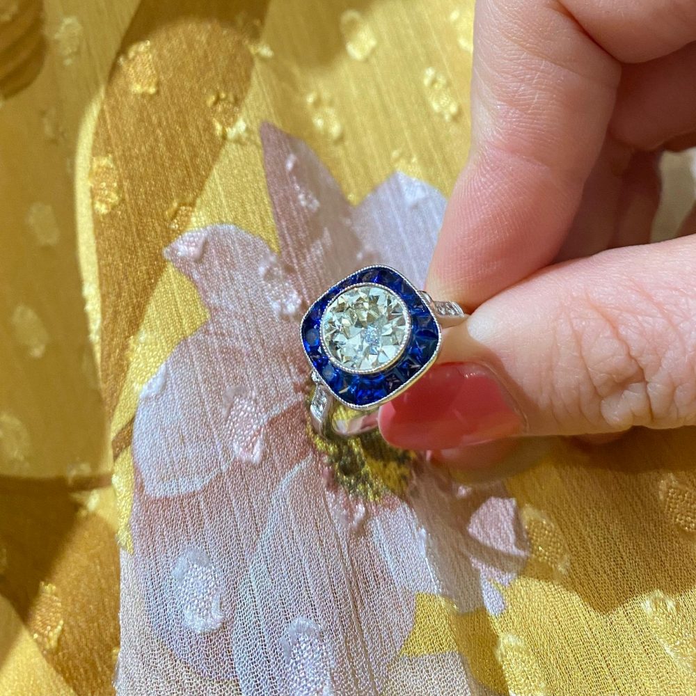 Art Deco Style 1.49ct Old Cut Diamond and Sapphire Ring