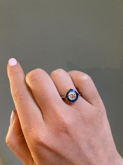 Art Deco Style Sapphire and Diamond Platinum Ring