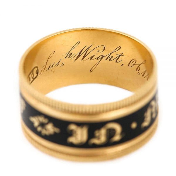 Antique Georgian 'In Memory Of' 18ct Gold Black Enamel Band Ring, circa 1823
