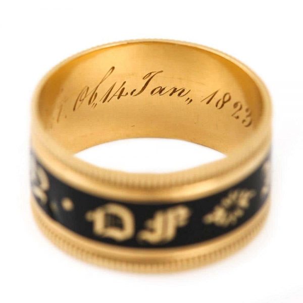 Antique Georgian 'In Memory Of' 18ct Gold Black Enamel Band Ring, circa 1823