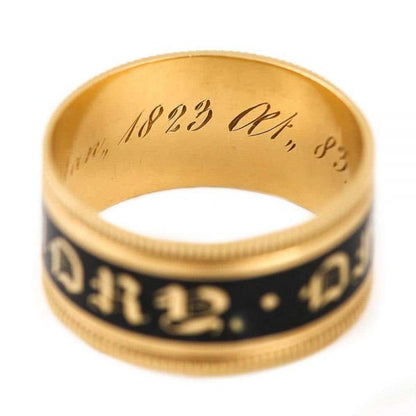 Antique Georgian 'In Memory Of' 18ct Gold Black Enamel Band Ring, circa 1823