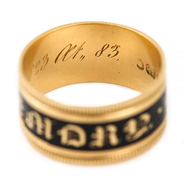 Antique Georgian 'In Memory Of' 18ct Gold Black Enamel Band Ring, circa 1823