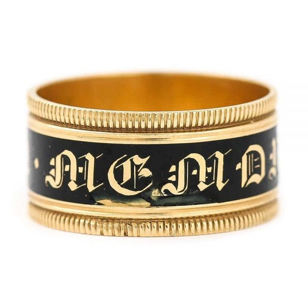 Antique Georgian 'In Memory Of' 18ct Gold Black Enamel Band Ring, circa 1823